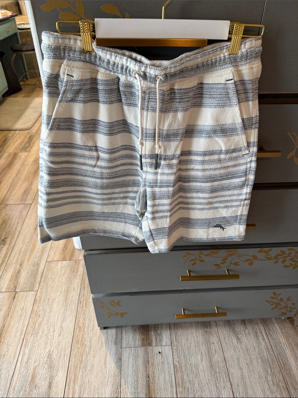 Tommy Bahama Cream and Gray Striped Hybrid Shorts with Drawstring